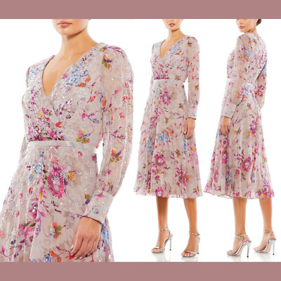NWT Mac Duggal [ 14 ] 9147 Embellished Floral Long Sleeve Midi Dress Mauve J1799