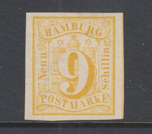 Hamburg-Sc-7-unused-1859-9s-yellow-Numeral-wide-margins-sound-VF