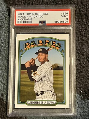rare baseball cards 2021 PSA 9 MINT BASEBALL CARD 2021 TOPPS HERITAGE HIGH # MANNY MACHADO NICKNAME  RARE
