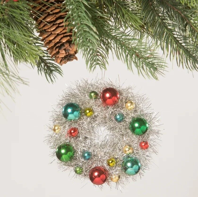 4" Bethany Lowe Silver Tinsel Ball Wreath Ornament Retro Vntg Christmas Decor