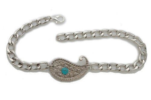 Women Metal Chain Boot Bracelet Western Shoe Charm Silver Paisley Turquoise Blue - Picture 2 of 12