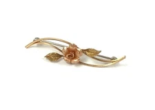 Vintage Krementz Tri-Color GF Rose Flower & Leaves Brooch/Pin, 2” Long