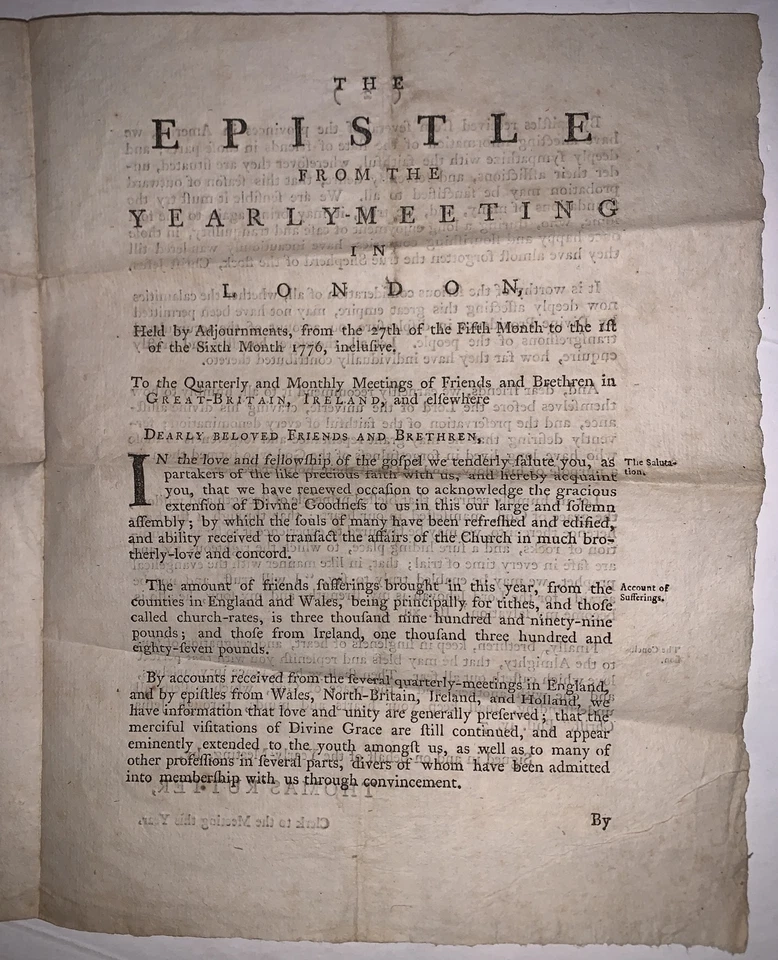 1776, QUAKER EPISTLE, YEARLY MEETING, LONDON, PENNSYLVANIA & NJ, THOMAS RUTTER - Image 4 of 4