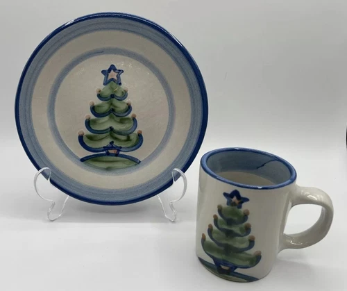 MA Mary Hadley Pottery Christmas Tree Coffee Mug, & Plate Hand Painted, Signed