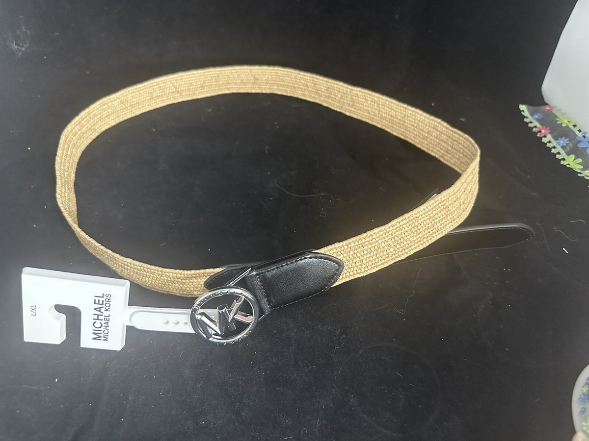 Michael Kors Stretch Straw Belt Silver MK Logo Buckle-Size L 