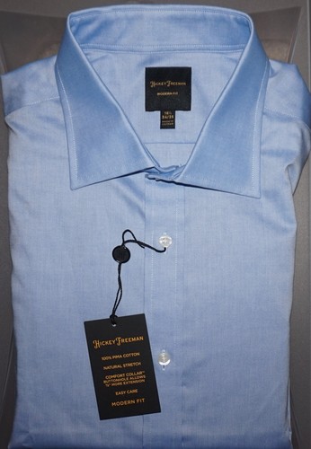 Hickey Freeman Dress Shirt 16.5 - 34/35 Modern Fit Solid Blue Stretch Pima NWT - 第 1/6 張圖片