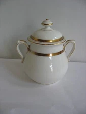 Vtg Old Paris sugar bowl w lid white porcelain gold gilt trim w handles
