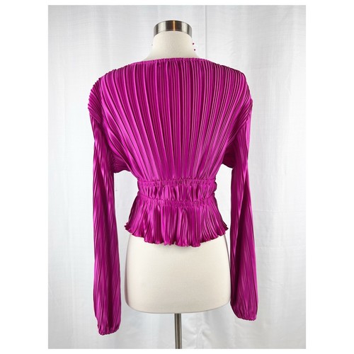 Watermelon Sugar Peplum Blouse Sz Medium Long Sleeve Fuchsia Crop V-neck Pleated - Picture 3 of 9