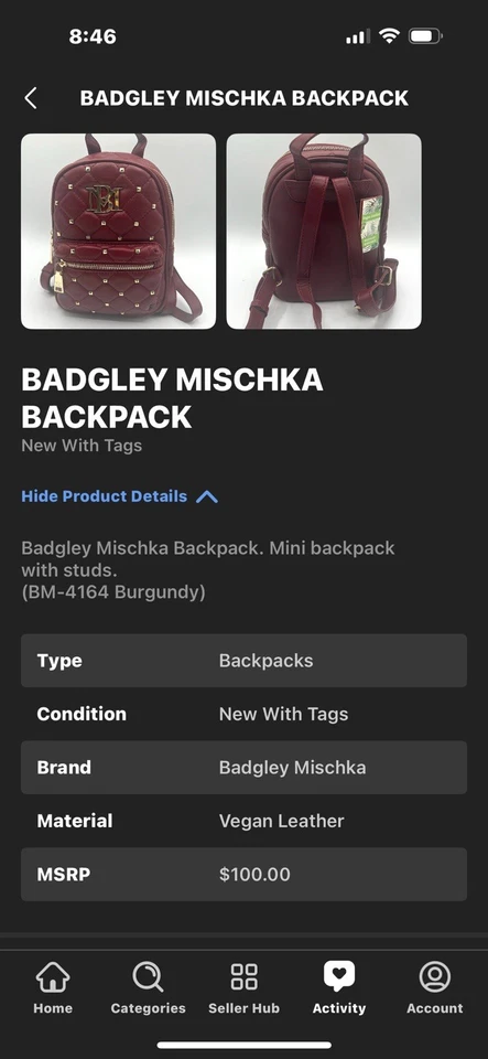 全新带标签 Steve Madden 女式背包内袋红色绗缝皮革迷你 — 第 4/4 张图片