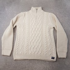 Superdry Mens 1/4 Zip Jumper XL Cream Aran Cable Chunky Knitwear Sweater Wool