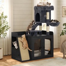Litter Box Enclosure with Cat Tree,Hidden Litter Box with LED Light and Storage