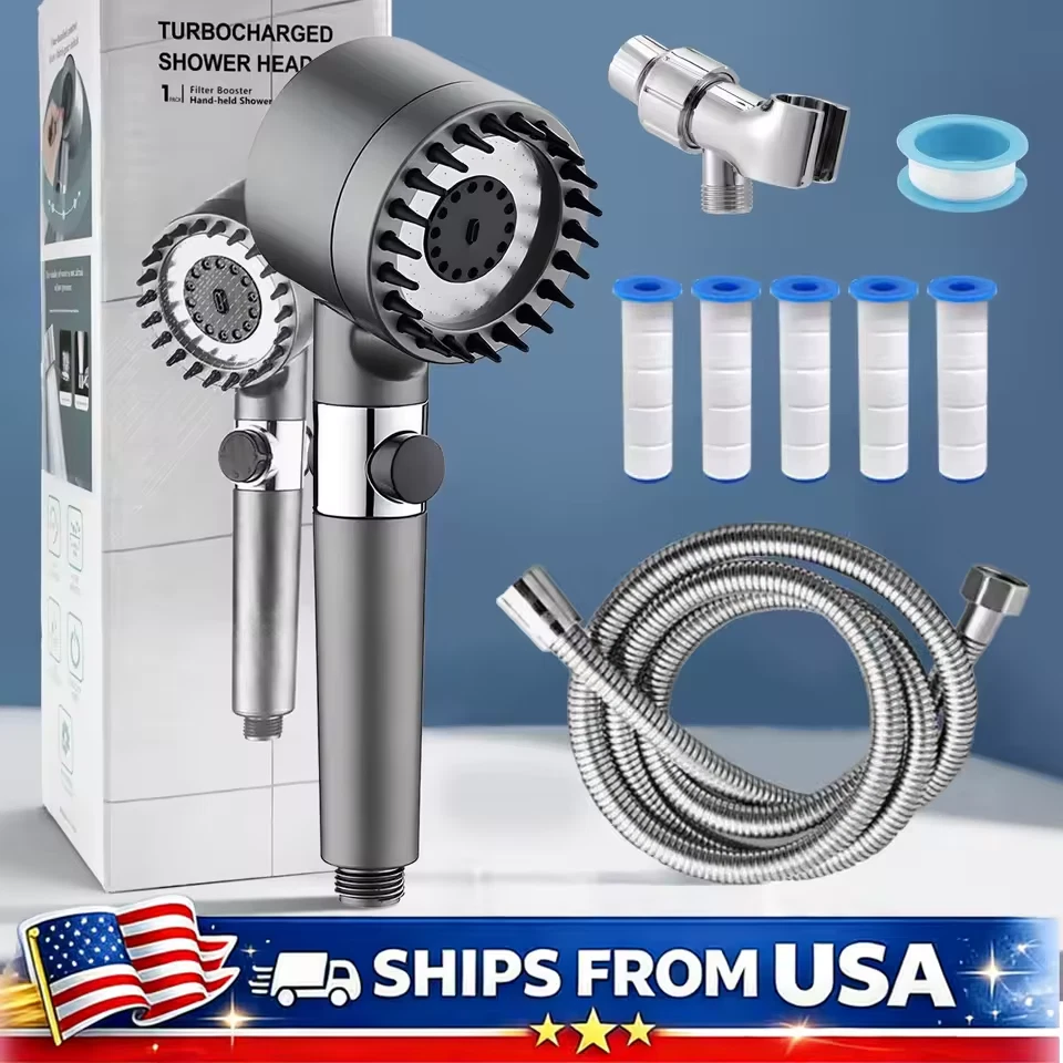 High Pressure Shower Head w/ Filter 3 Spray Modes Anti-Clog Nozzle Hose