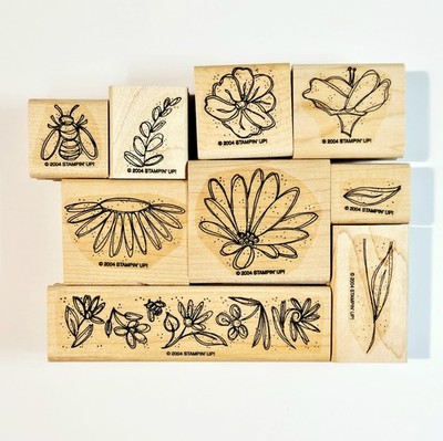 IN FULL BLOOM Stampin' Up! Wood Rubber Stamp Set Flower Garden Bee Border abx110