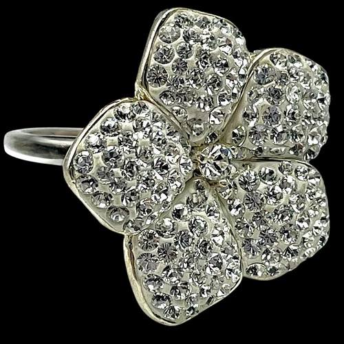 Vtg 925 Sterling Silver CRYSTAL PAVE FLOWER Ring Sz 9 Big Glitzy Glamour EUC