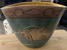 Vase Handcrafted Pottery Clay Etched Nautical Fish Chasing Turtle Decor CERP-384