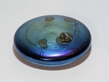 Signed John Ditchfield Iridescent Glass Paperweight,  Frog on Lilypads