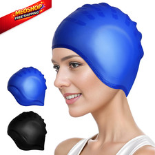 2 Pack Silicone Swim Cap with 3D Ear Protection, One Size, Black Blue