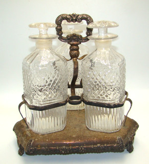 Antique Blown Three Mold Glass GII 28 Square 3 Decanter Set w/Silver Metal Frame