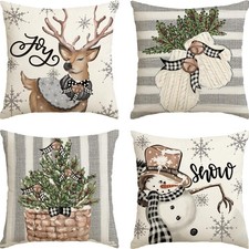 Weihnachtliche Kissenbez&uuml;ge 45x45cm 4er Set Rentier Schneemann Holly Plaid