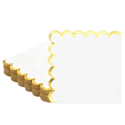 50Pack Scalloped Cocktail Napkins Gold, 5'' 2ply Disposable Party [White]