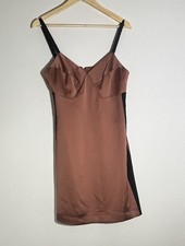 CUE Mini Dress Size 10 Copper Rust Satin Black Contrast Bodycon Cocktail Evening