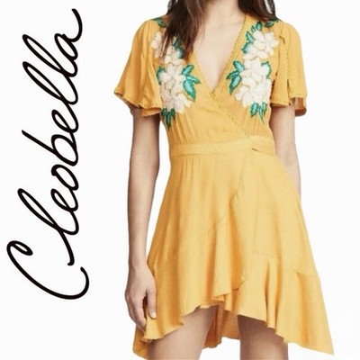 Cleobella Lillian Embroidered Wrap Mini Dress Marigold Yellow S Cottagecore Boho