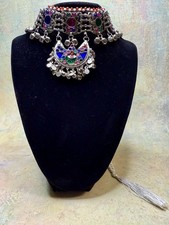 Vintage Afghan Kuchi Tribal Choker With Pendant And White Tassel