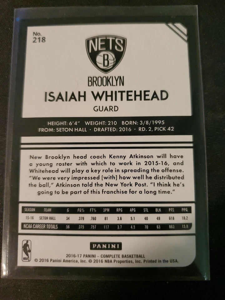 ISAIAH WHITEHEAD 2016-17 Panini Complete #218 Brooklyn Nets RC - Image 2 of 2
