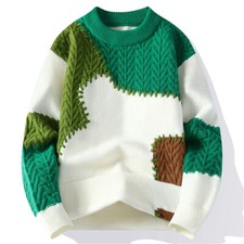 Men's Round Neck Patchwork Sweater Casual Knitted Pullover Warm Sweaters Winter