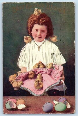 Easter Postcard Little Girl With Baby Chicks And Hatched Eggs Minneapolis MN