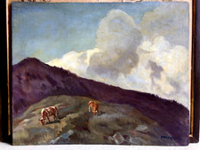 ANTICO DIPINTO OLIO A. Magrini "La nuvola" PAESAGGIO MONTANO MUCCHE MACCHIAIOLO