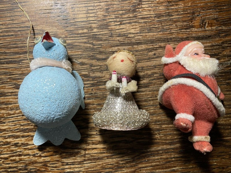 Retro Christmas Ornaments. Set of 3, Santa, Bird and Angel