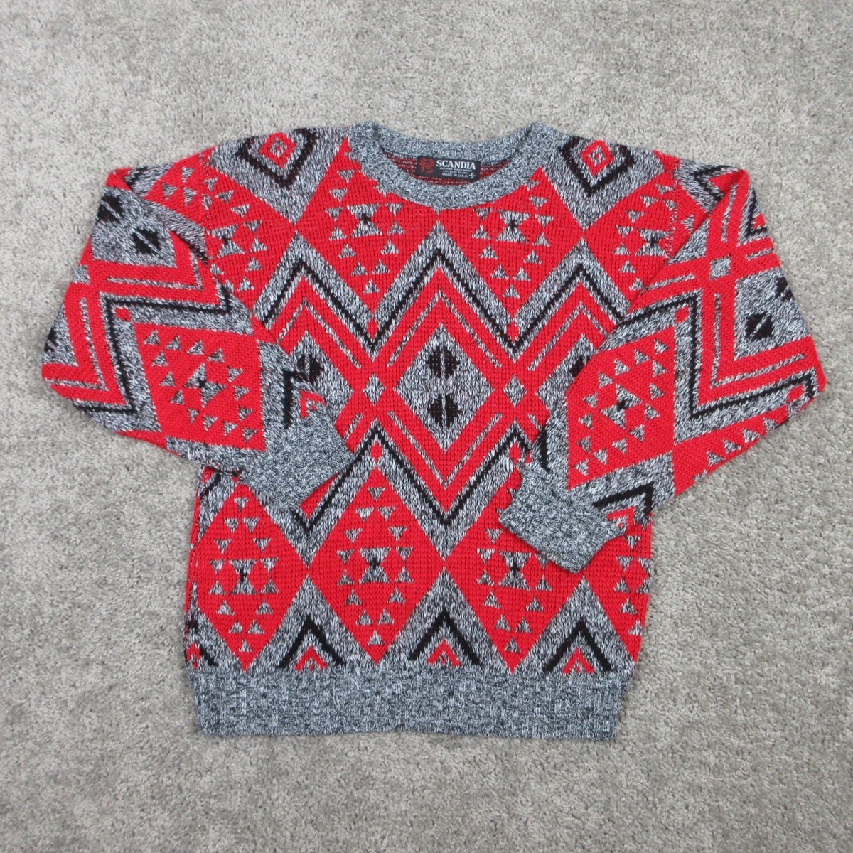 Vintage Scandia Sweater Mens Small Gray Red Geometric Aztec USA