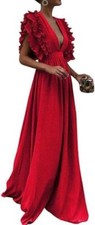 Women's Sexy Deep Plunge Party Ruffle Sleeve Cutout Backless Ruffle Flowy Dress