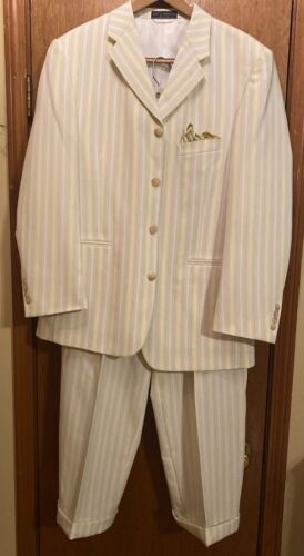 Karl Kani Men's 4 Button Suit 40R Jacket 34” Pant White Yellow GrayGreen Stripe - Afbeelding 1 van 10
