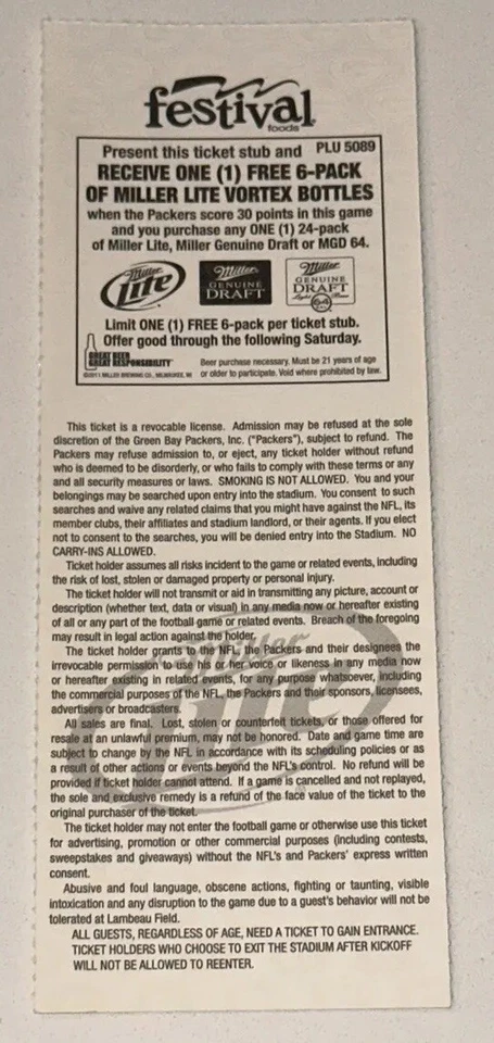  Aaron Rodgers RECORD 12/25/11 Chicago Bears Green Bay Packers NFL Ticket Stub - Image 2 of 2