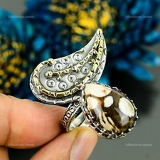 Gift For Her Natural Peanut Wood Jasper Solitaire Adjustable Ring 925 Silver