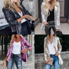 Fashion Sexy Sequin Jacket for Women Open Front Blazer Sparkle Top Long Sleeve