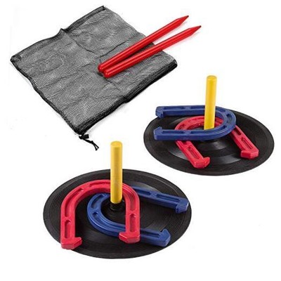 Outdoor Indoor Rubber Horseshoes Set Includes 4 Horseshoes,2 Pegs,2 Red&Blue