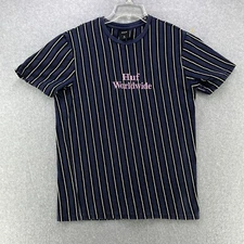 Huf Mens T Shirt Medium M Short Sleeve Striped Embroidered Logo Blue Skateboard