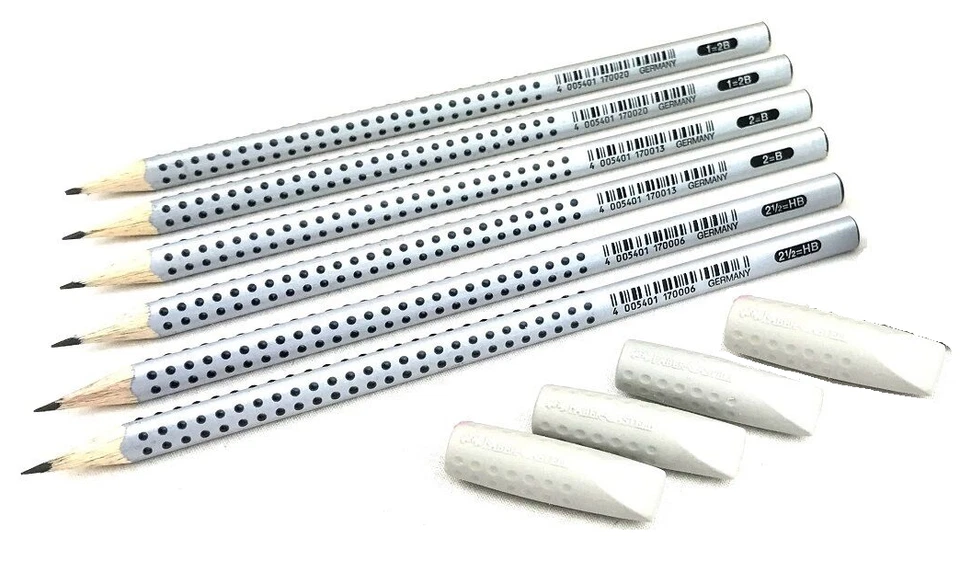 6 x Faber Castell Bleistift Grip 2001+ 4 Radierer Eraser Cap je 2x 2B. B, HB