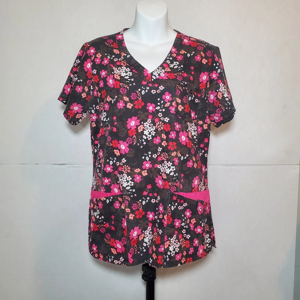 UA Scrubs Red, Pink, Orange, and Brown Flowers Small Black Scrub Top - Image 4 of 4