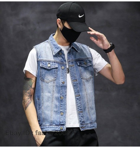 Men's Denim Vest Cowboy Waistcoat Sleeveless Casual Jacket Coat Oversize Retro - Picture 12 of 26