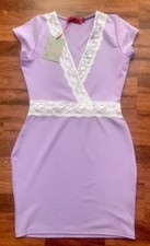 NEW BOOHOO TALIA LILAC CONTRAST WHITE LACE BODYCON STRETCH DRESS SIZE 12 EUR 40