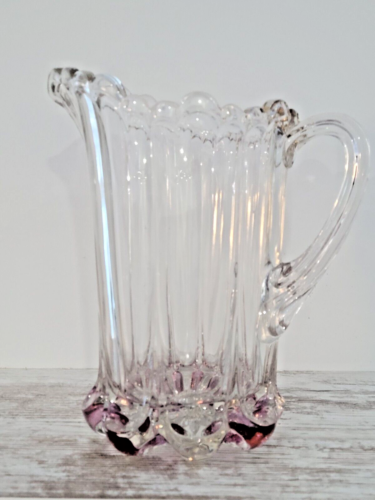 Antique Heavy Glass Panel Pitcher Purple Flashing Gold Scallop Top - Picture 1 of 7