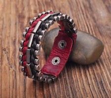 G173 Black-Red Rock Cool Leather Wraps Metal Parts Men's Bracelet Cuff NEW