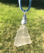Large Beach Found Sea Glass Pendant "Silver Blue Cloud" Necklace Art Unique