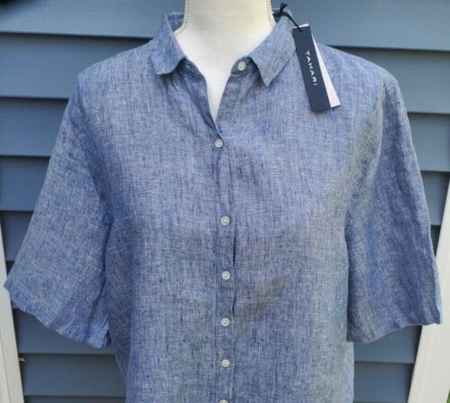Tahari Women's Button Up Short Sleeve Heather Blue Blouse 100% Linen - Picture 2 of 7