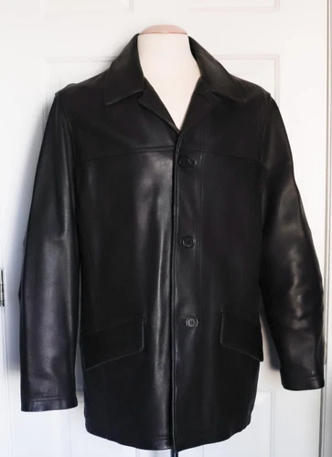 STUNNING MENS BLACK 100% LAMBSKIN LEATHER CAR DRESS COAT SIZE M/L OUTSTANDING - product listing photo