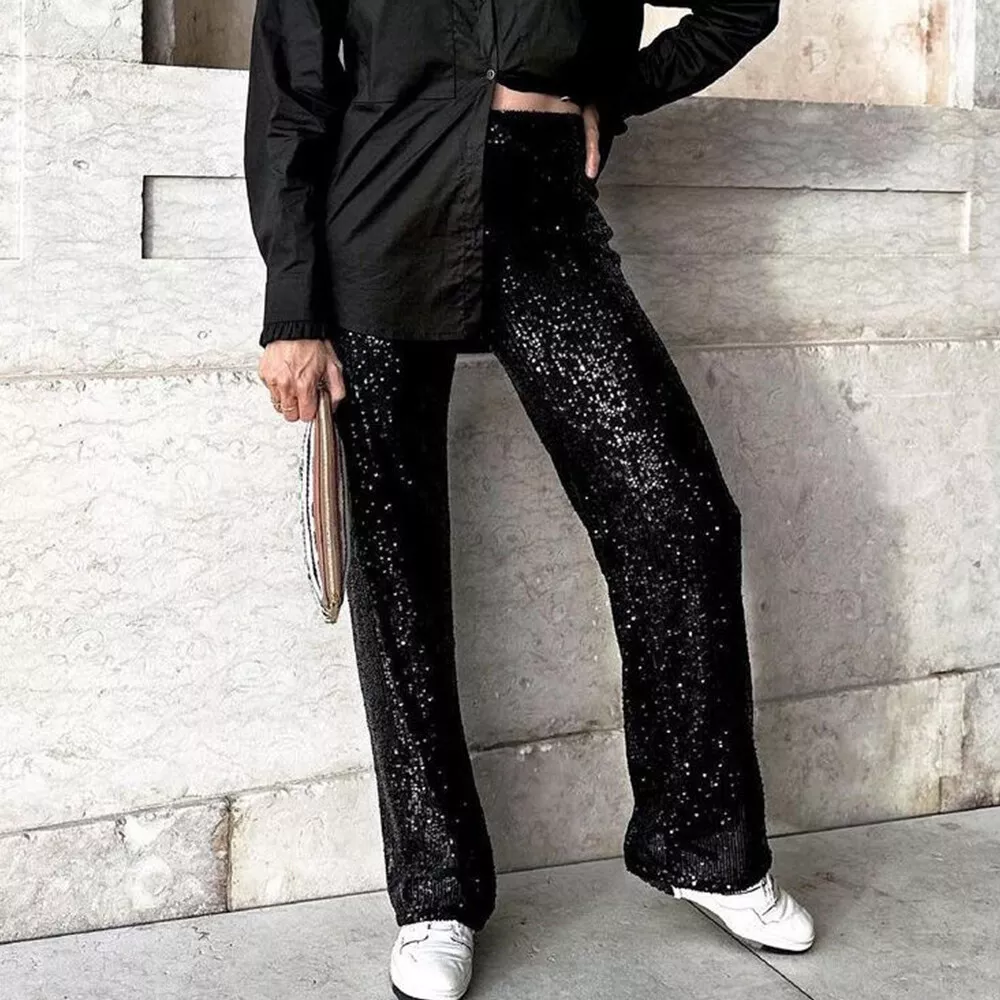 Pantalon Droit Paillettes Pantalon Large Bas Taille Haute